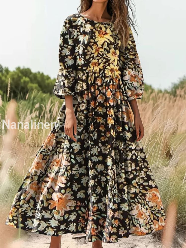 Retro Boho Floral Print Vintage Chic Round Neck Cotton Long Sleeve Midi Dress A / S