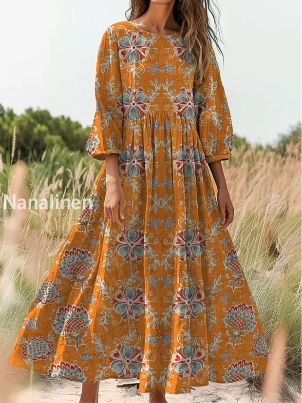 Retro Boho Floral Print Vintage Chic Round Neck Cotton Long Sleeve Midi Dress A / S