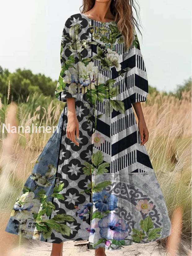 Retro Boho Floral Print Vintage Chic Round Neck Cotton Long Sleeve Midi Dress A / S