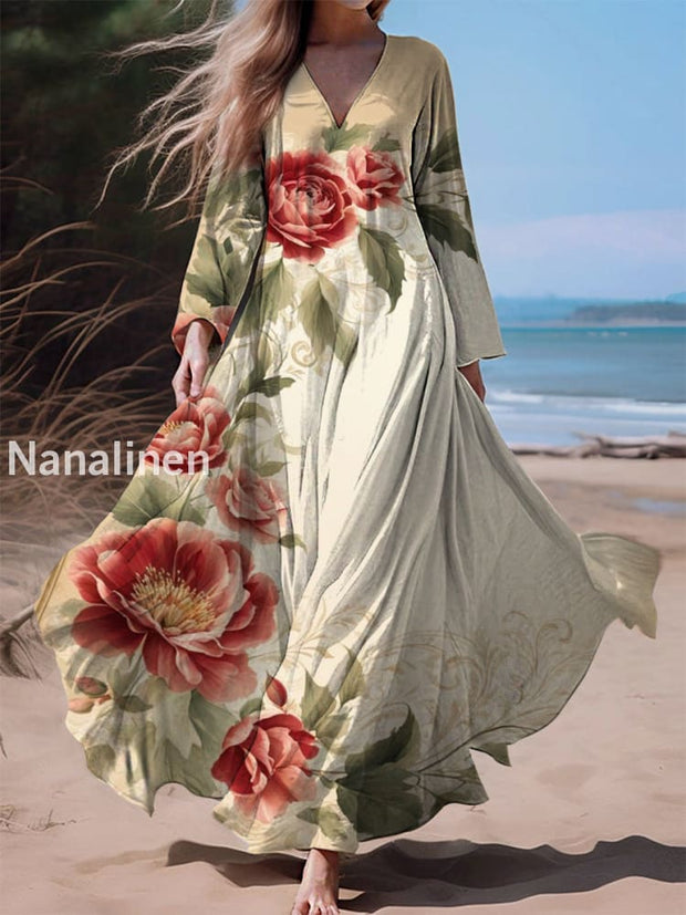 Retro Boho Floral Print Vintage Chic V-Neck Cotton Long Sleeve Midi Dress A / S