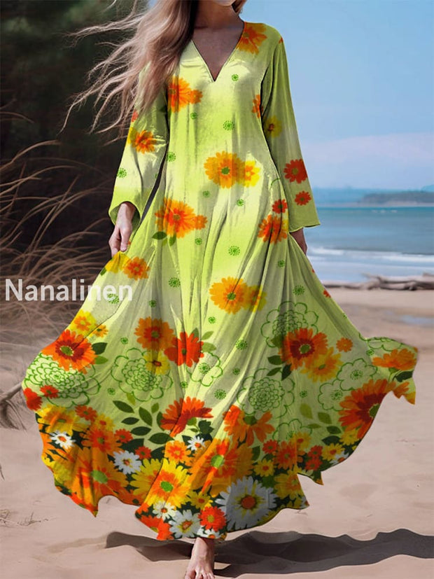 Retro Boho Floral Print Vintage Chic V-Neck Cotton Long Sleeve Midi Dress A / S