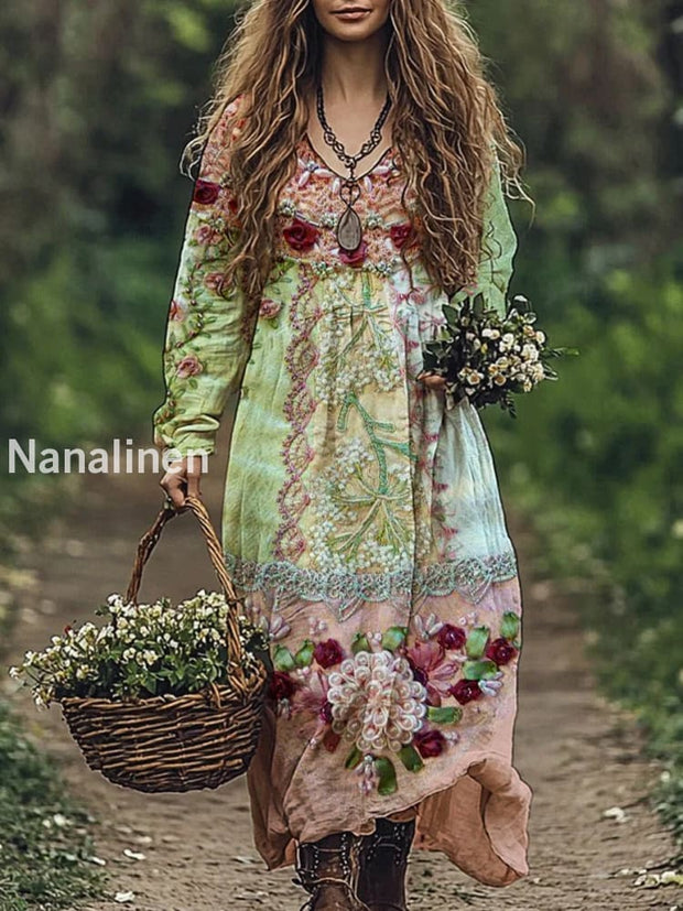 Retro Boho Floral Print Vintage Chic V-Neck Cotton Long Sleeve Midi Dress A / S