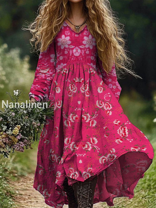 Retro Boho Floral Print Vintage Chic V-Neck Cotton Long Sleeve Midi Dress A / S