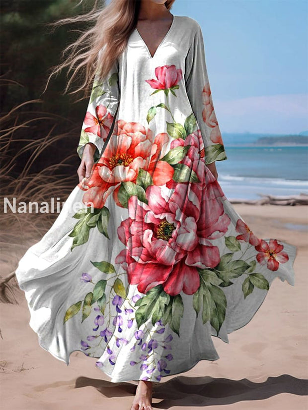 Retro Boho Floral Print Vintage Chic V-Neck Cotton Long Sleeve Midi Dress A / S