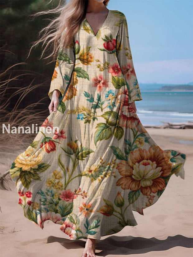 Retro Boho Floral Print Vintage Chic V-Neck Cotton Long Sleeve Midi Dress A / S