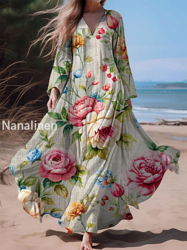 Retro Boho Floral Print Vintage Chic V-Neck Cotton Long Sleeve Midi Dress A / S