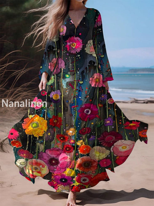 Retro Boho Floral Print Vintage Chic V-Neck Cotton Long Sleeve Midi Dress A / S