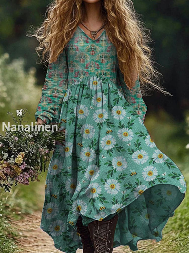 Retro Boho Floral Print Vintage Chic V-Neck Cotton Long Sleeve Midi Dress A / S
