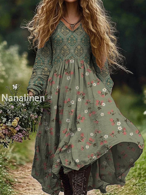 Retro Boho Floral Print Vintage Chic V-Neck Cotton Long Sleeve Midi Dress A / S