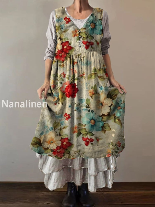 Retro Boho Floral Print Vintage Round Neck Button Sleeveless Midi Dress A / S