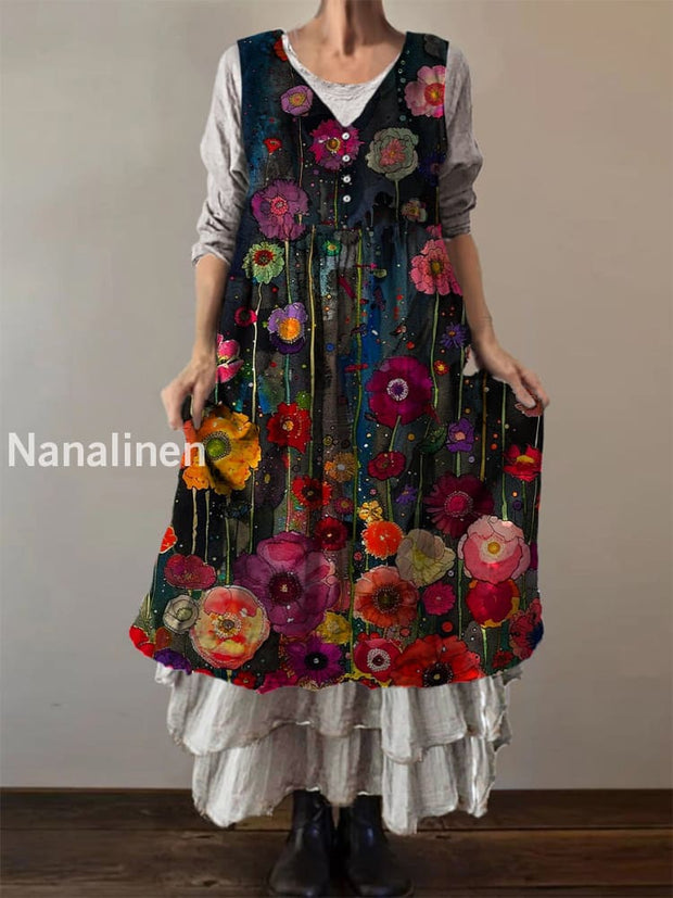 Retro Boho Floral Print Vintage Round Neck Button Sleeveless Midi Dress A / S