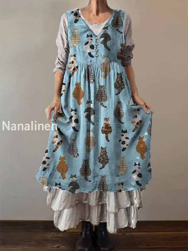 Retro Boho Floral Print Vintage Round Neck Button Sleeveless Midi Dress A / S