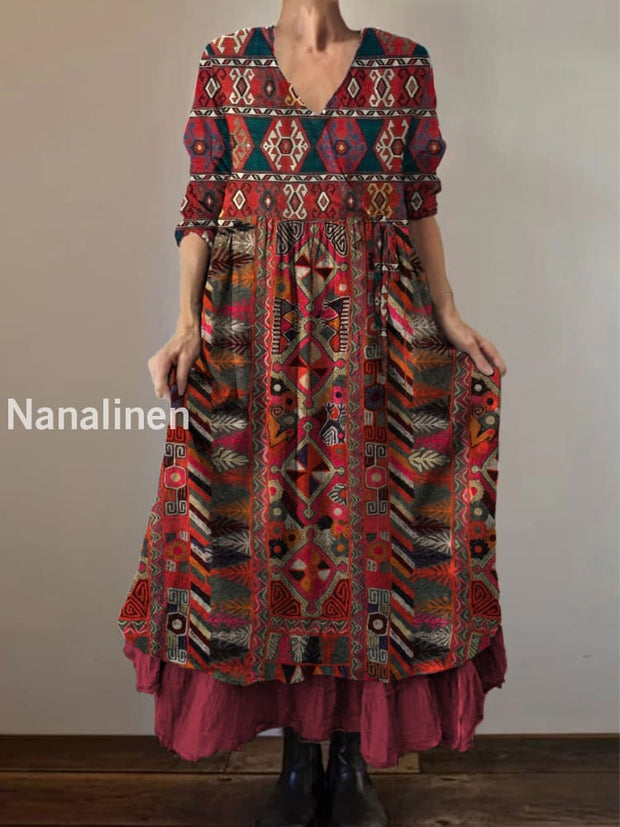 Retro Boho Floral Print Vintage V-Neck Double Hemline Cotton Long Sleeve Midi Dress A / S