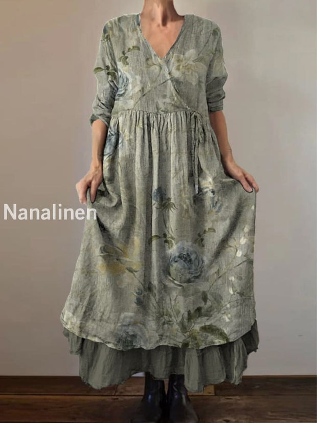 Retro Boho Floral Print Vintage V-Neck Double Hemline Cotton Long Sleeve Midi Dress A / S