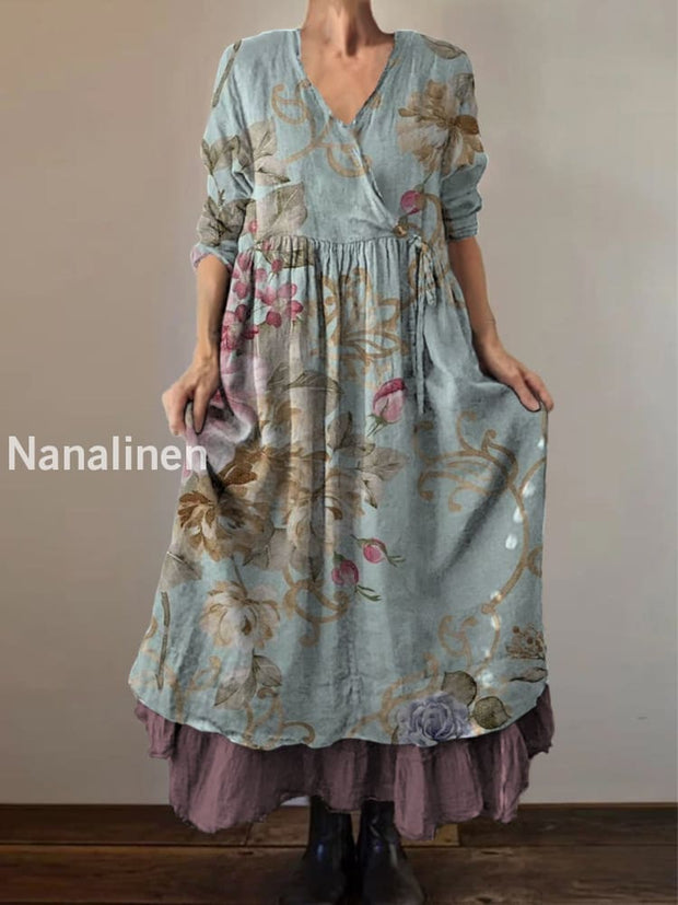 Retro Boho Floral Print Vintage V-Neck Double Hemline Cotton Long Sleeve Midi Dress A / S