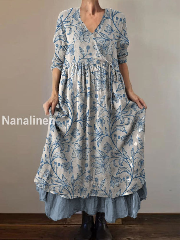 Retro Boho Floral Print Vintage V-Neck Double Hemline Cotton Long Sleeve Midi Dress A / S