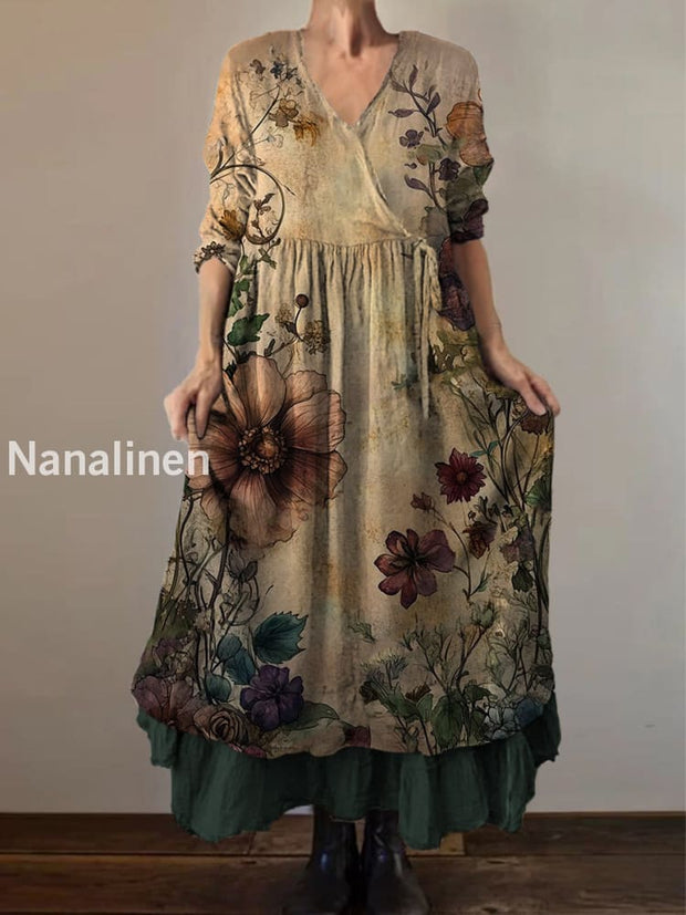 Retro Boho Floral Print Vintage V-Neck Double Hemline Cotton Long Sleeve Midi Dress A / S