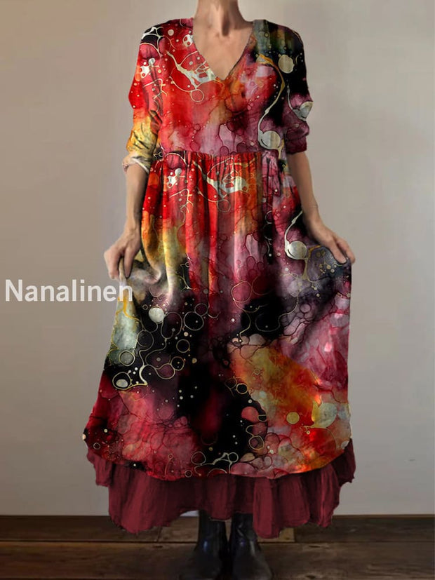 Retro Boho Floral Print Vintage V-Neck Double Hemline Cotton Long Sleeve Midi Dress A / S