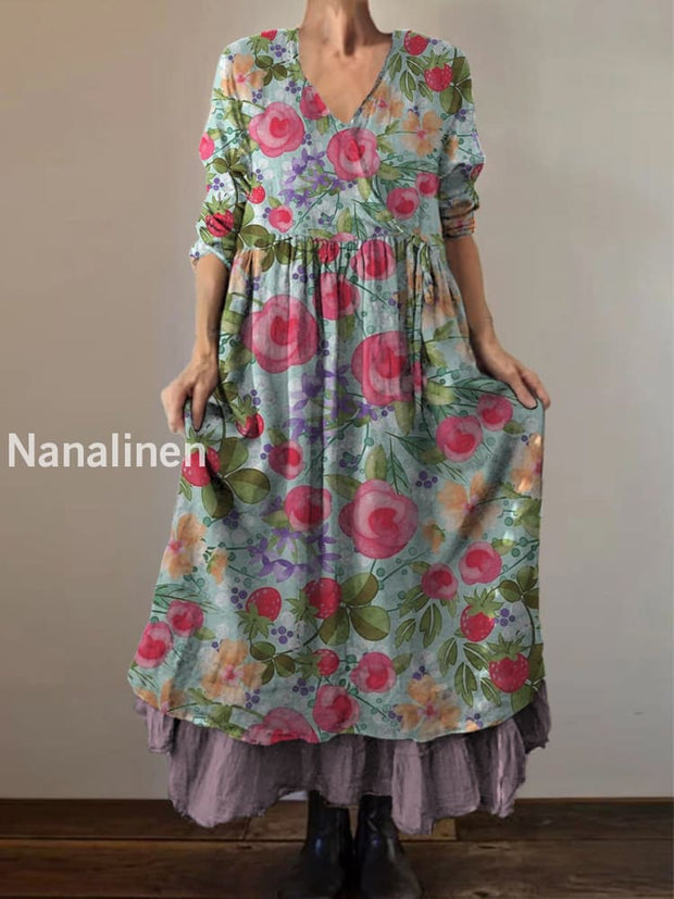 Retro Boho Floral Print Vintage V-Neck Double Hemline Cotton Long Sleeve Midi Dress A / S