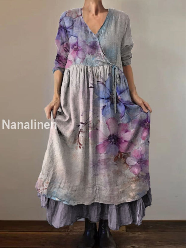 Retro Boho Floral Print Vintage V-Neck Double Hemline Cotton Long Sleeve Midi Dress A / S