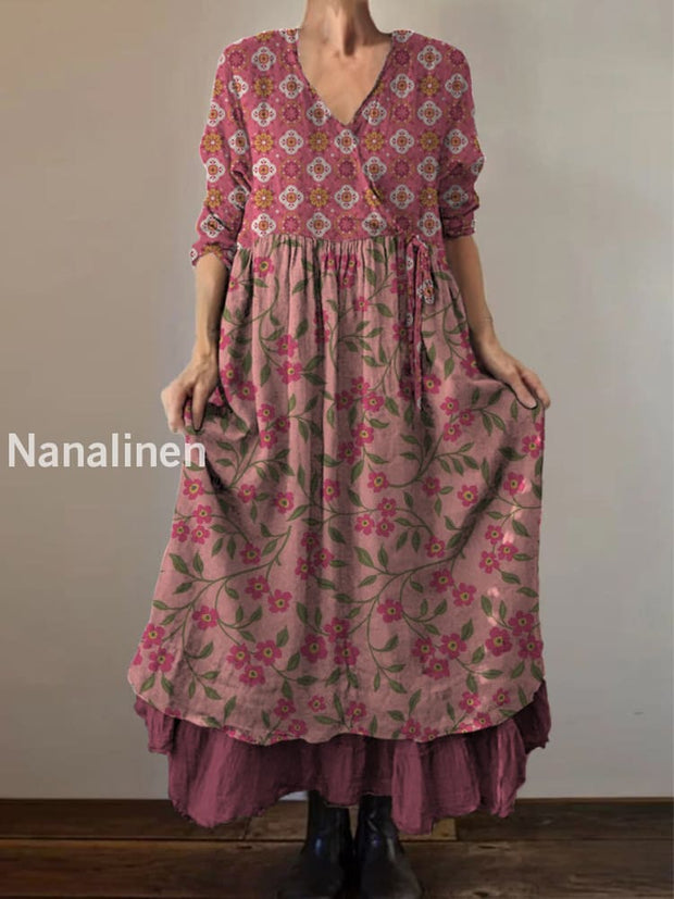 Retro Boho Floral Print Vintage V-Neck Double Hemline Cotton Long Sleeve Midi Dress A / S