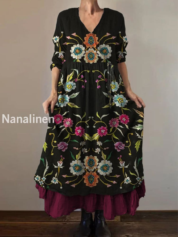 Retro Boho Floral Print Vintage V-Neck Double Hemline Cotton Long Sleeve Midi Dress A / S