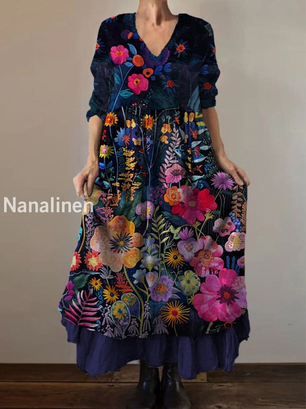 Retro Boho Floral Print Vintage V-Neck Double Hemline Cotton Long Sleeve Midi Dress A / S