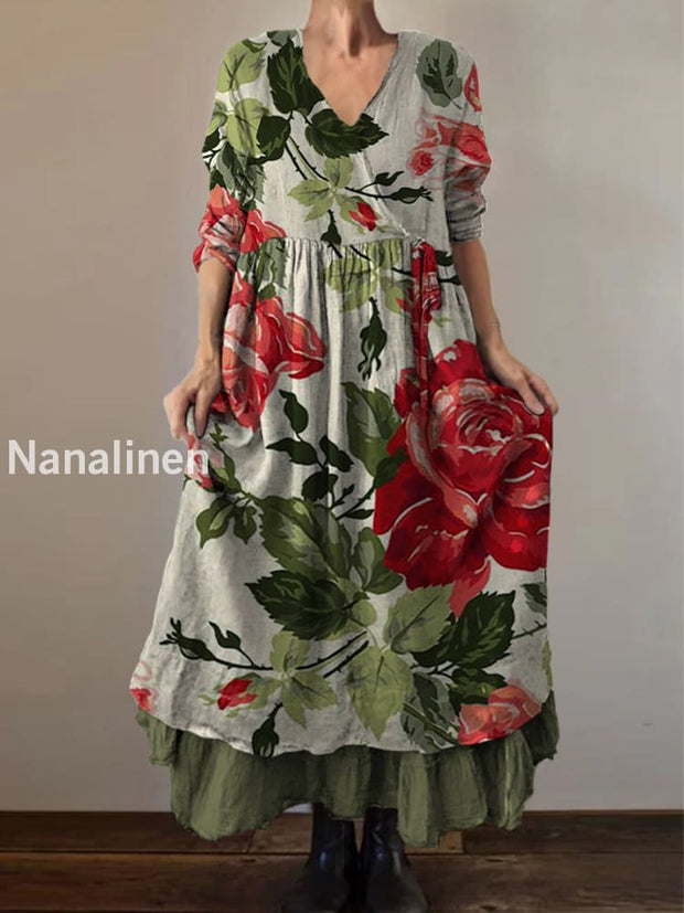 Retro Boho Floral Print Vintage V-Neck Double Hemline Cotton Long Sleeve Midi Dress A / S
