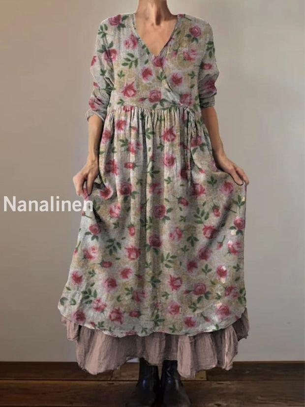 Retro Boho Floral Print Vintage V-Neck Double Hemline Cotton Long Sleeve Midi Dress A / S