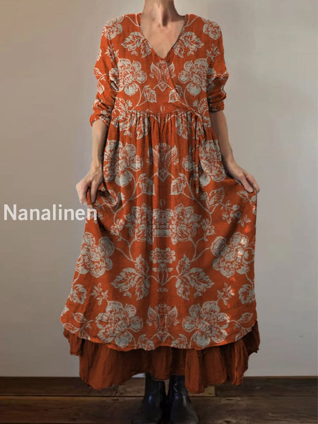 Retro Boho Floral Print Vintage V-Neck Double Hemline Cotton Long Sleeve Midi Dress A / S