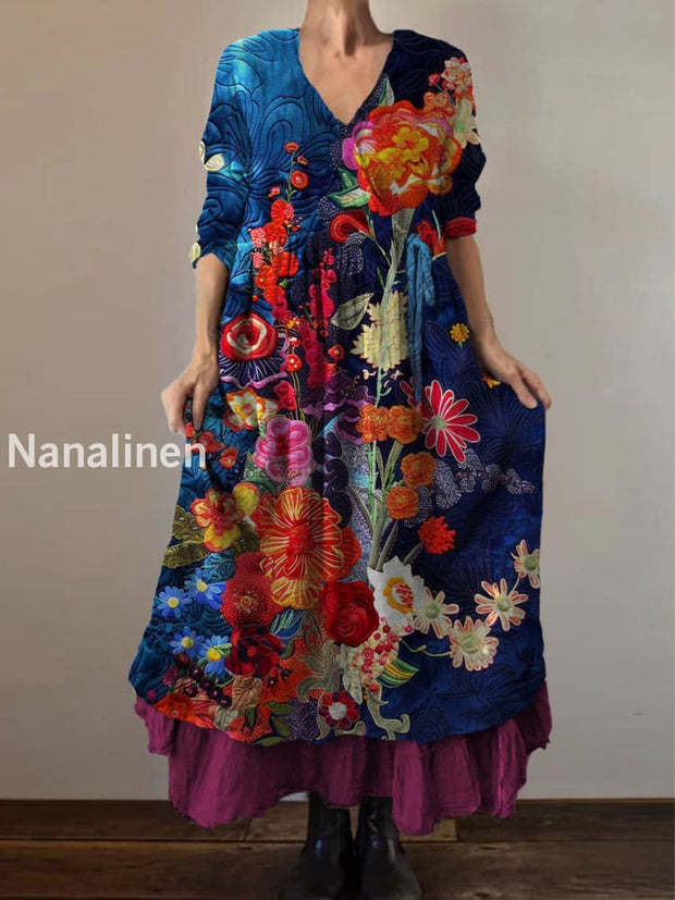 Retro Boho Floral Print Vintage V-Neck Double Hemline Cotton Long Sleeve Midi Dress A / S