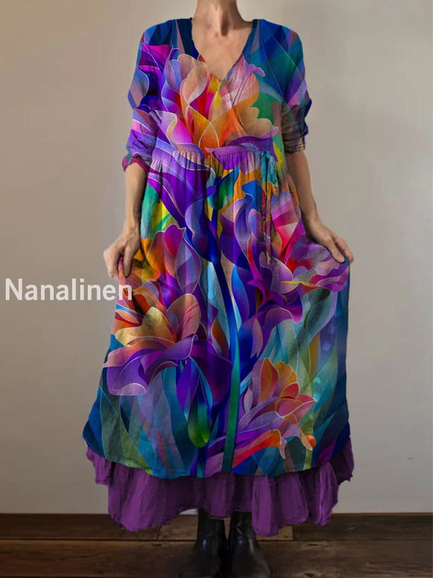 Retro Boho Floral Print Vintage V-Neck Double Hemline Cotton Long Sleeve Midi Dress A / S