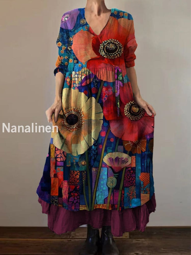 Retro Boho Floral Print Vintage V-Neck Double Hemline Cotton Long Sleeve Midi Dress A / S