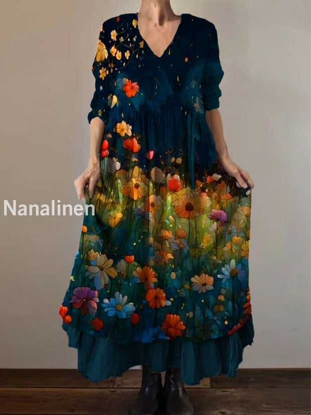 Retro Boho Floral Print Vintage V-Neck Double Hemline Cotton Long Sleeve Midi Dress A / S