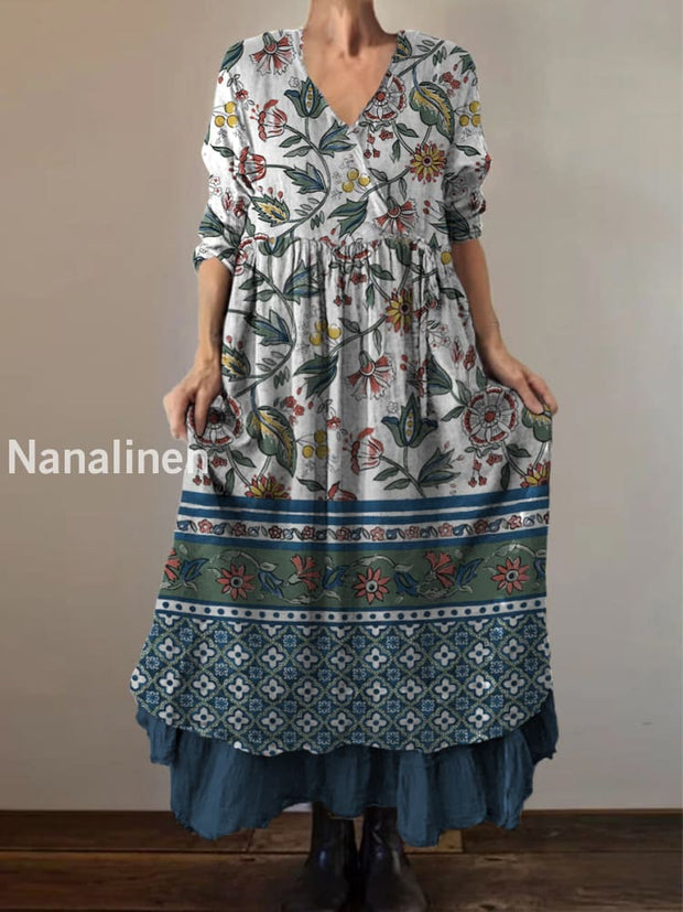 Retro Boho Floral Print Vintage V-Neck Double Hemline Cotton Long Sleeve Midi Dress A / S