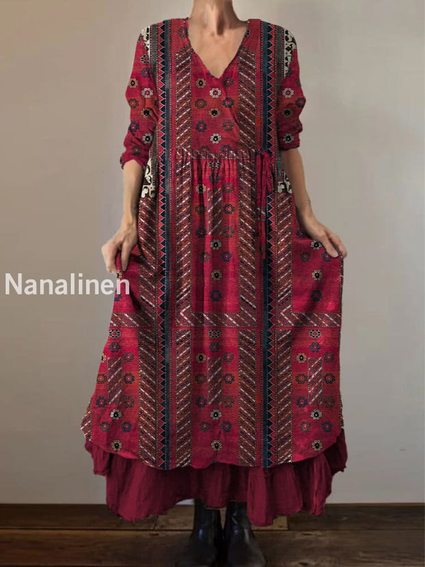 Retro Boho Floral Print Vintage V-Neck Double Hemline Cotton Long Sleeve Midi Dress A / S