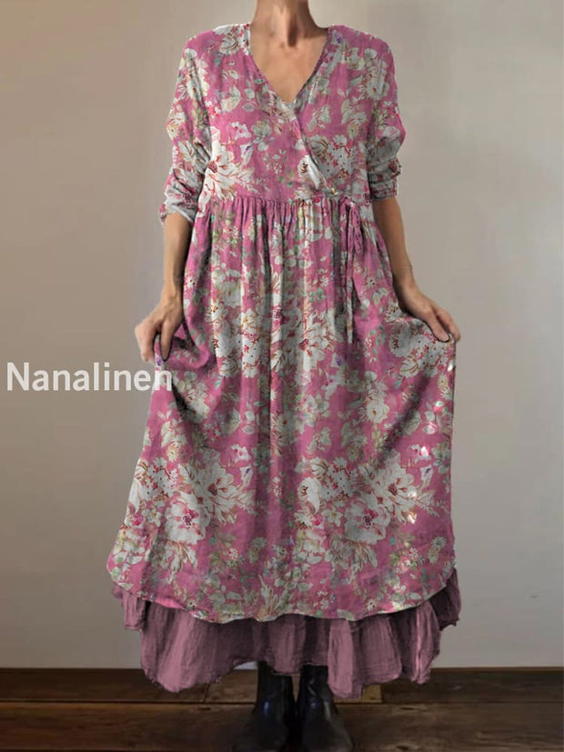 Retro Boho Floral Print Vintage V-Neck Double Hemline Cotton Long Sleeve Midi Dress A / S