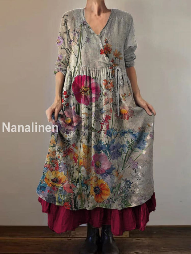 Retro Boho Floral Print Vintage V-Neck Double Hemline Cotton Long Sleeve Midi Dress A / S