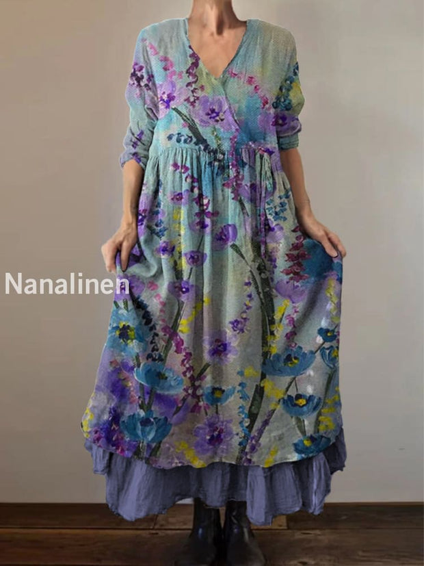 Retro Boho Floral Print Vintage V-Neck Double Hemline Cotton Long Sleeve Midi Dress A / S