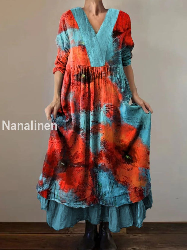 Retro Boho Floral Print Vintage V-Neck Double Hemline Cotton Long Sleeve Midi Dress A / S