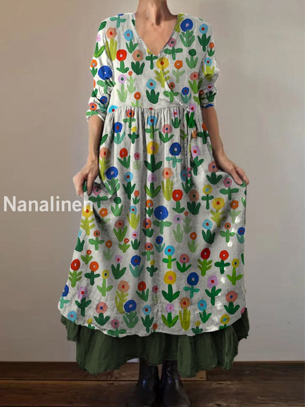 Retro Boho Floral Print Vintage V-Neck Double Hemline Cotton Long Sleeve Midi Dress A / S