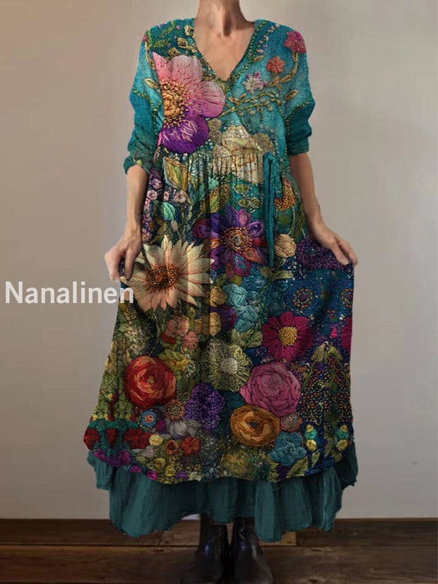 Retro Boho Floral Print Vintage V-Neck Double Hemline Cotton Long Sleeve Midi Dress A / S