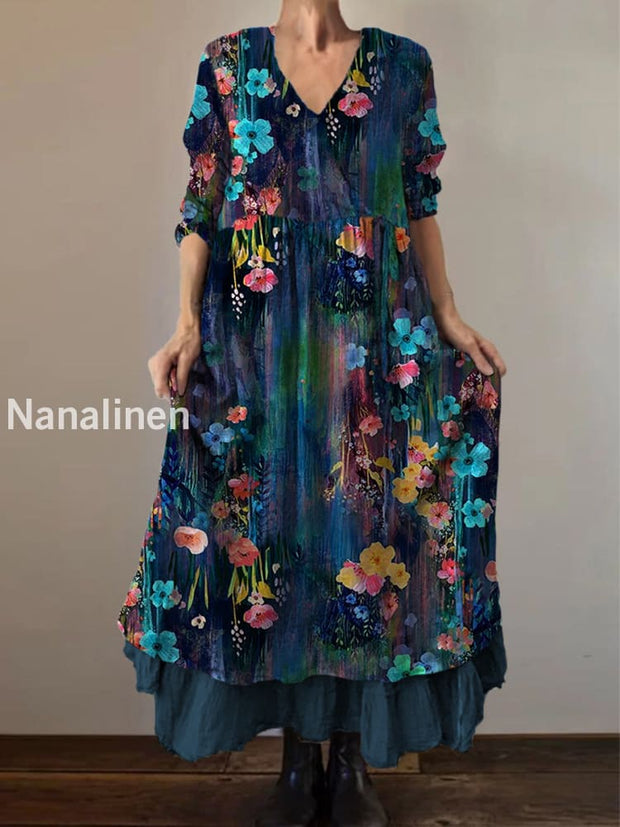 Retro Boho Floral Print Vintage V-Neck Double Hemline Cotton Long Sleeve Midi Dress A / S