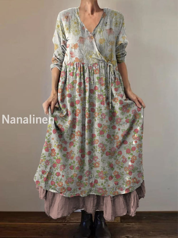 Retro Boho Floral Print Vintage V-Neck Double Hemline Cotton Long Sleeve Midi Dress A / S