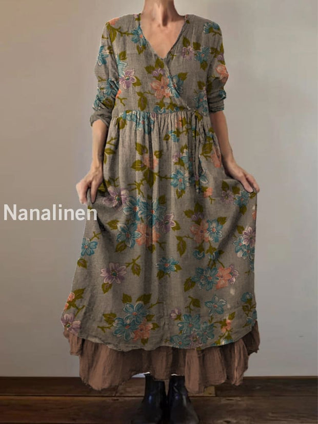 Retro Boho Floral Print Vintage V-Neck Double Hemline Cotton Long Sleeve Midi Dress A / S