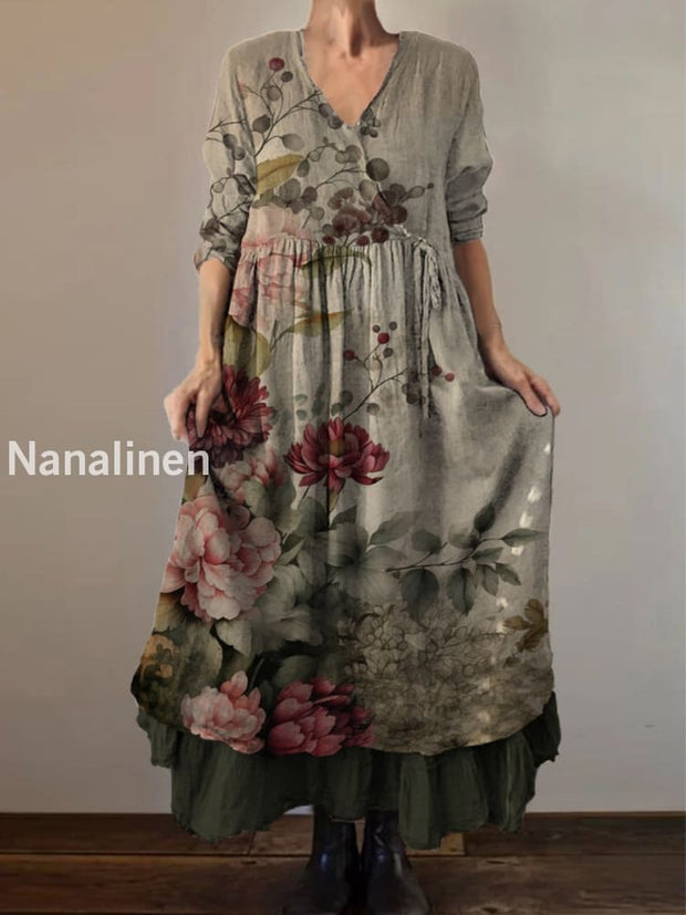 Retro Boho Floral Print Vintage V-Neck Double Hemline Cotton Long Sleeve Midi Dress A / S