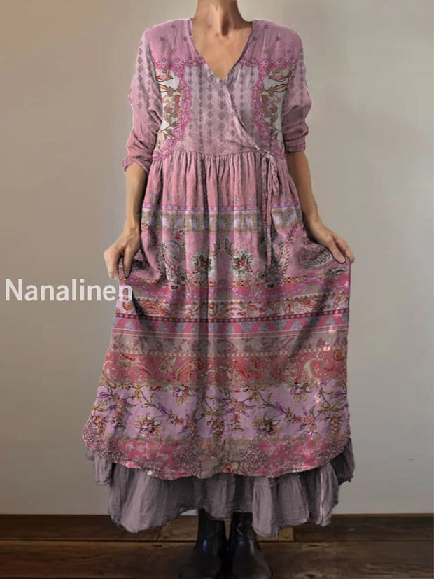 Retro Boho Floral Print Vintage V-Neck Double Hemline Cotton Long Sleeve Midi Dress A / S