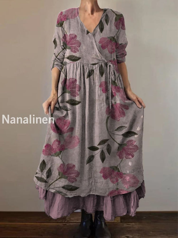 Retro Boho Floral Print Vintage V-Neck Double Hemline Cotton Long Sleeve Midi Dress A / S
