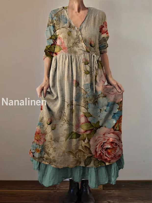 Retro Boho Floral Print Vintage V-Neck Double Hemline Cotton Long Sleeve Midi Dress A / S