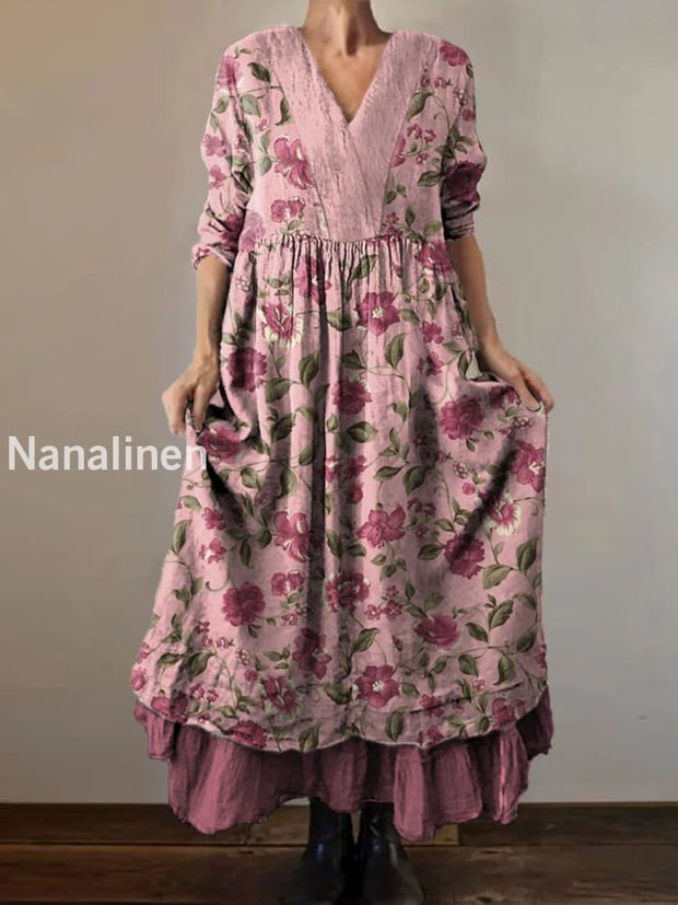 Retro Boho Floral Print Vintage V-Neck Double Hemline Cotton Long Sleeve Midi Dress A / S